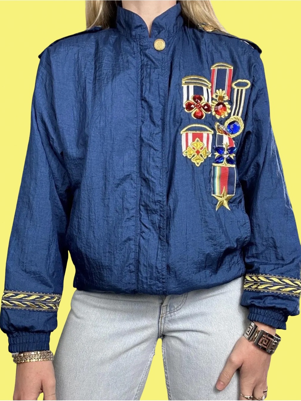Vintage Embellished Bomber Jacket with Medal Appliqués